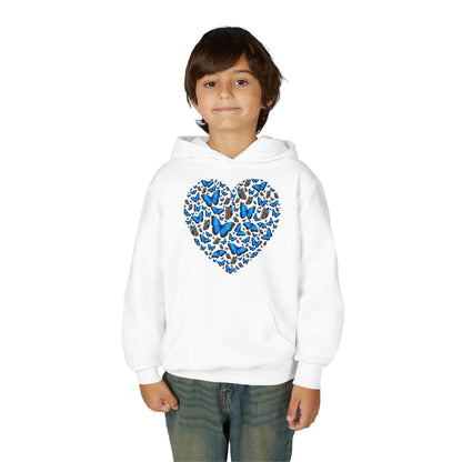 Youth Heavy Blend Hooded Sweatshirt -  Heart shape blue morpho butterfly Printify