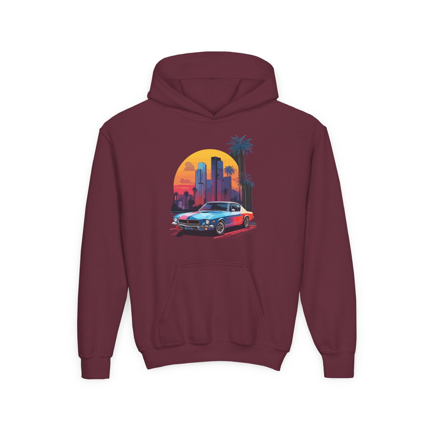 Youth Heavy Blend Hooded Sweatshirt - Vintage Car Sunset