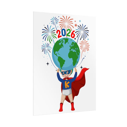 Rolled Posters - Super kiddo holding globe - [[{"value":"Wonderwear Kid"}]]