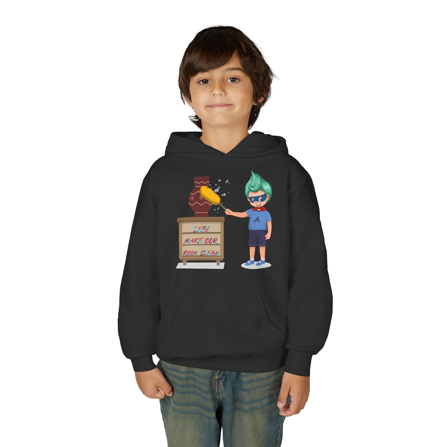 Youth Heavy Blend Hooded Sweatshirt - Super kiddo cleaning a vase