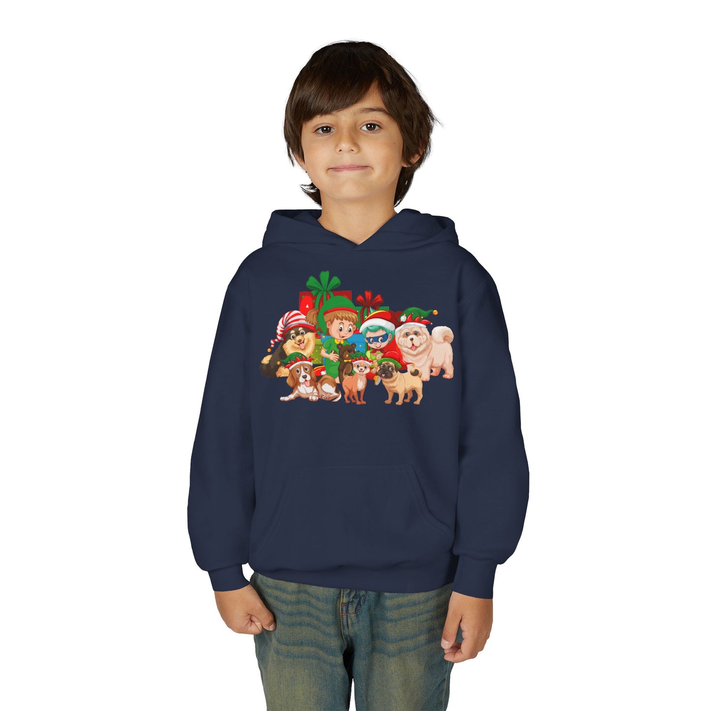 Youth Heavy Blend Hooded Sweatshirt - Christmas with super kiddo pet friends without text