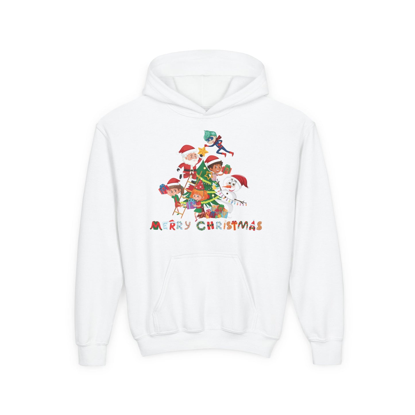 Youth Heavy Blend Hooded Sweatshirt - Super kiddo making christmas tree with text