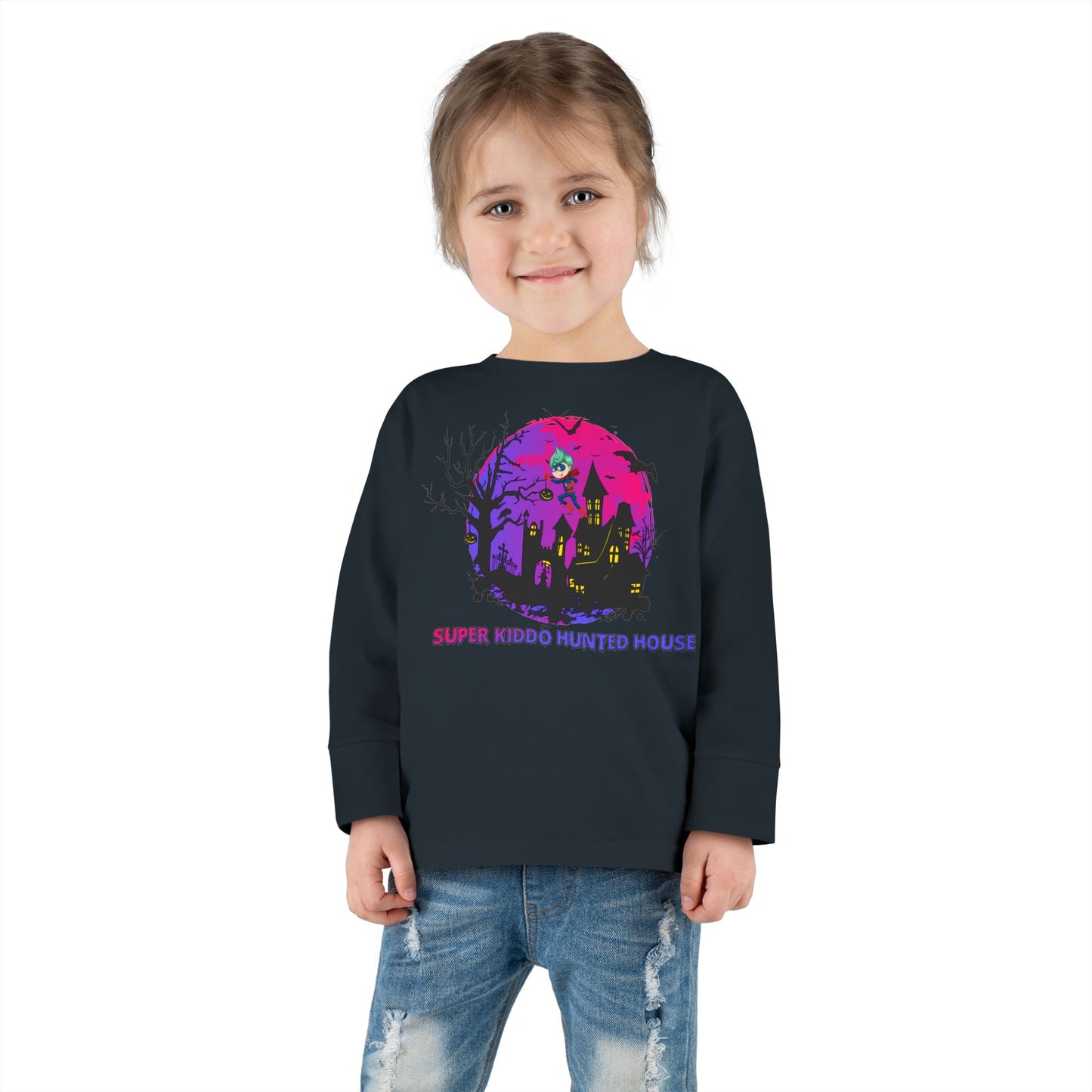 Toddler Long Sleeve Tee - Super kiddo flying on hunted house