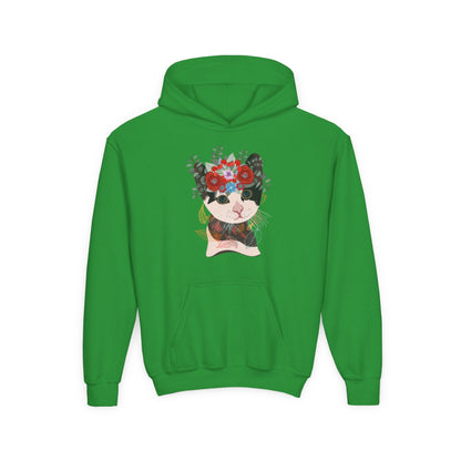 Youth Heavy Blend Hooded Sweatshirt - Lovely cat with crown flower Printify