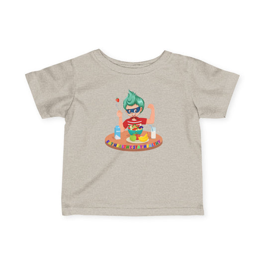 Infant Fine Jersey Tee - super kiddo eating healthy food - [[{"value":"Wonderwear Kid"}]]