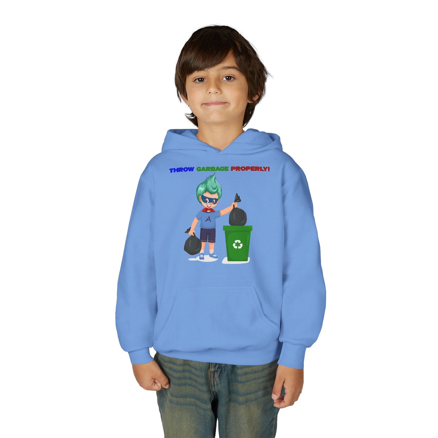 Youth Heavy Blend Hooded Sweatshirt - Super kiddo taking trash out