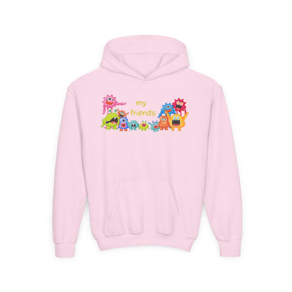 Youth Heavy Blend Hooded Sweatshirt - Colorful Monster Friends Printify