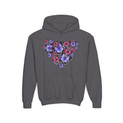 Youth Heavy Blend Hooded Sweatshirt -  Heart shape monarch butterfly Printify