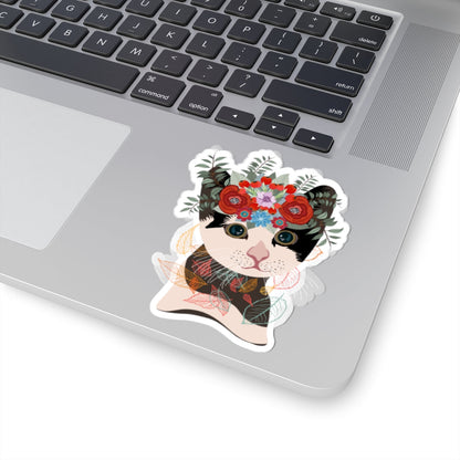Kiss-Cut Vinyl Decals - Lovely cat with crown flowers Printify