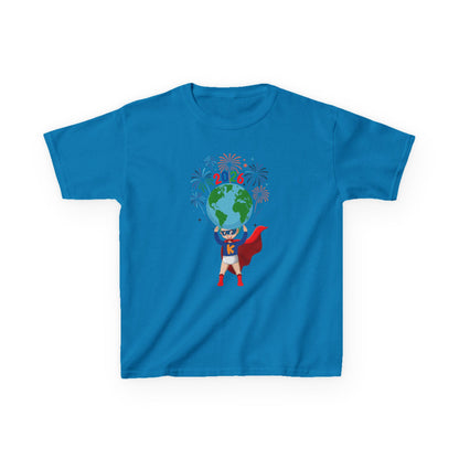 Kids Heavy Cotton™ Tee - Super kiddo holding globe - [[{"value":"Wonderwear Kid"}]]