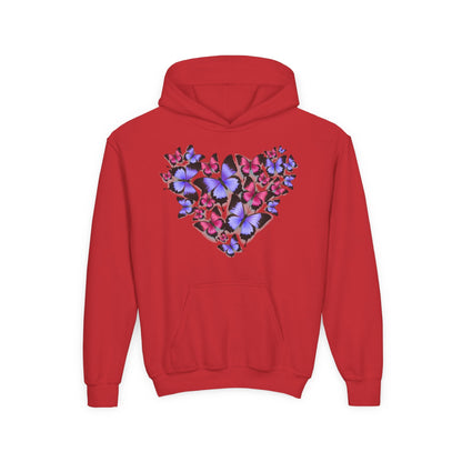 Youth Heavy Blend Hooded Sweatshirt -  Heart shape monarch butterfly Printify
