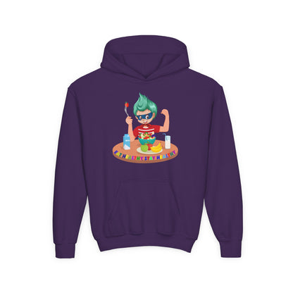 Youth Heavy Blend Hooded Sweatshirt - super kiddo eating healthy food - [[{"value":"Wonderwear Kid"}]]