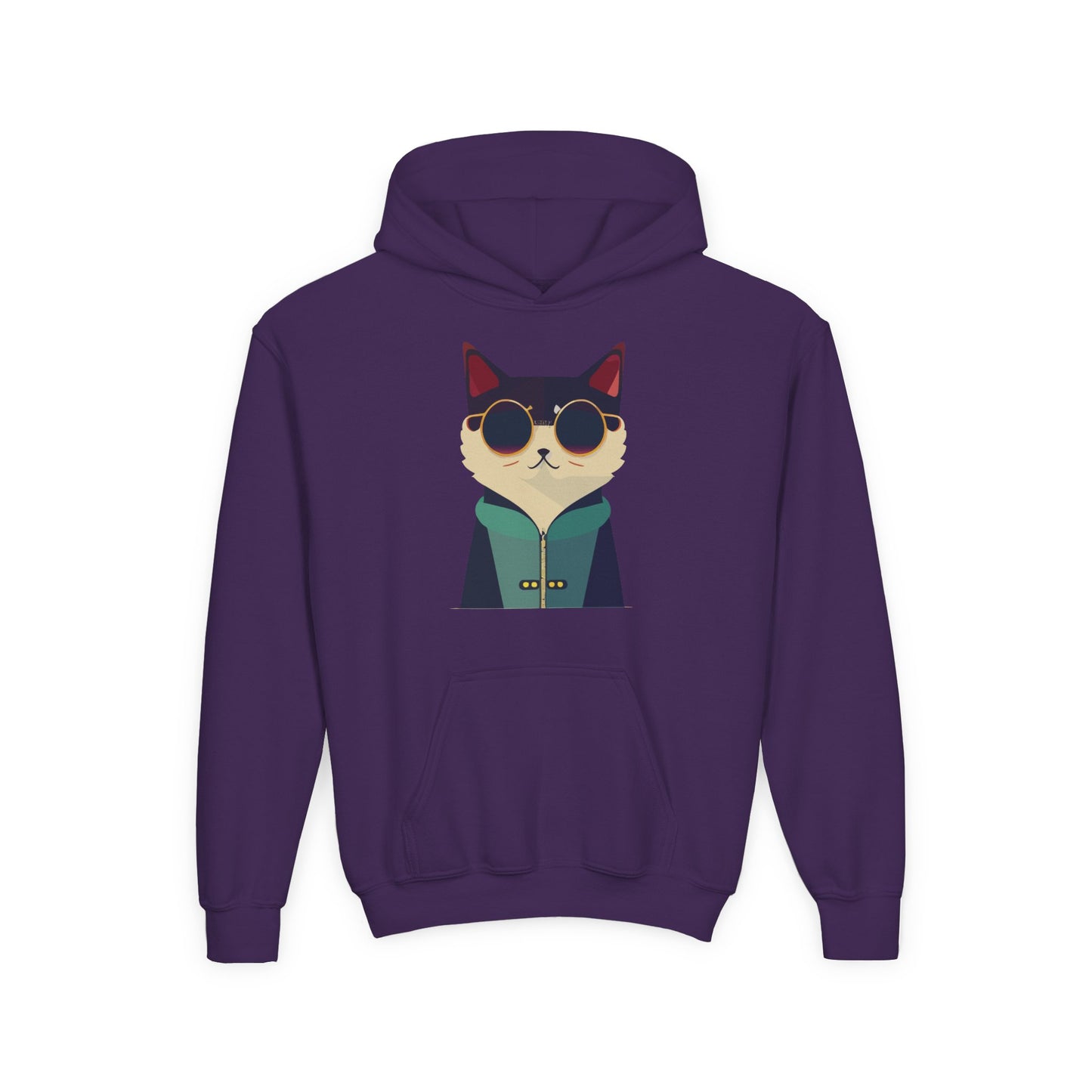 Youth Heavy Blend Hooded Sweatshirt - Cool Cat with Sunglasses