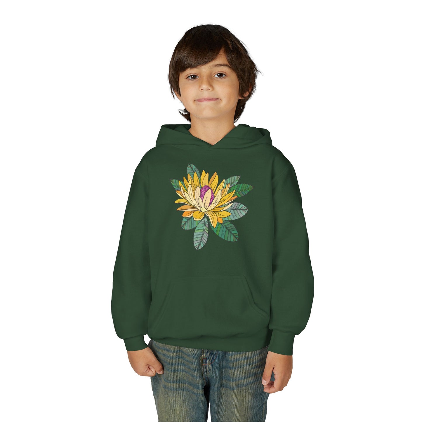 Youth Heavy Blend Hooded Sweatshirt -  Yellow flower