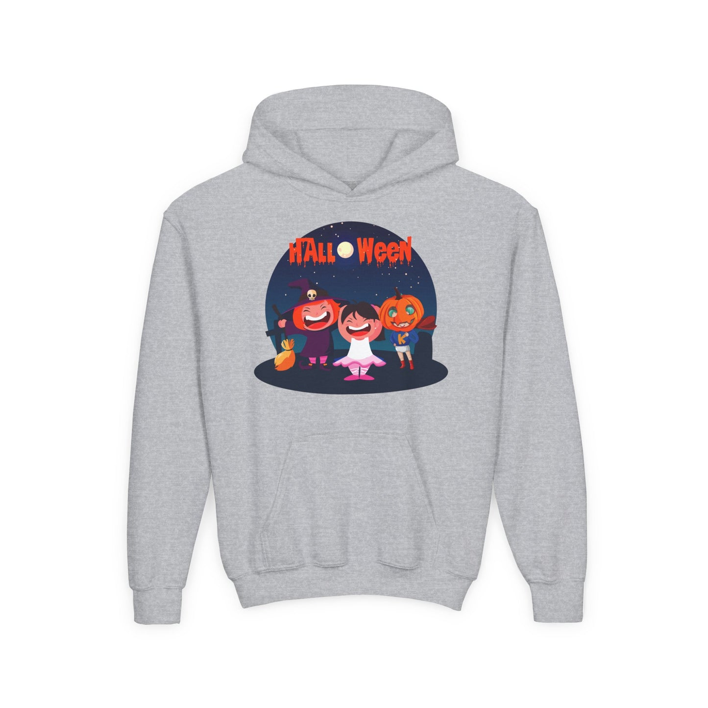 Youth Heavy Blend Hooded Sweatshirt - Super kiddo wearing pumpkin