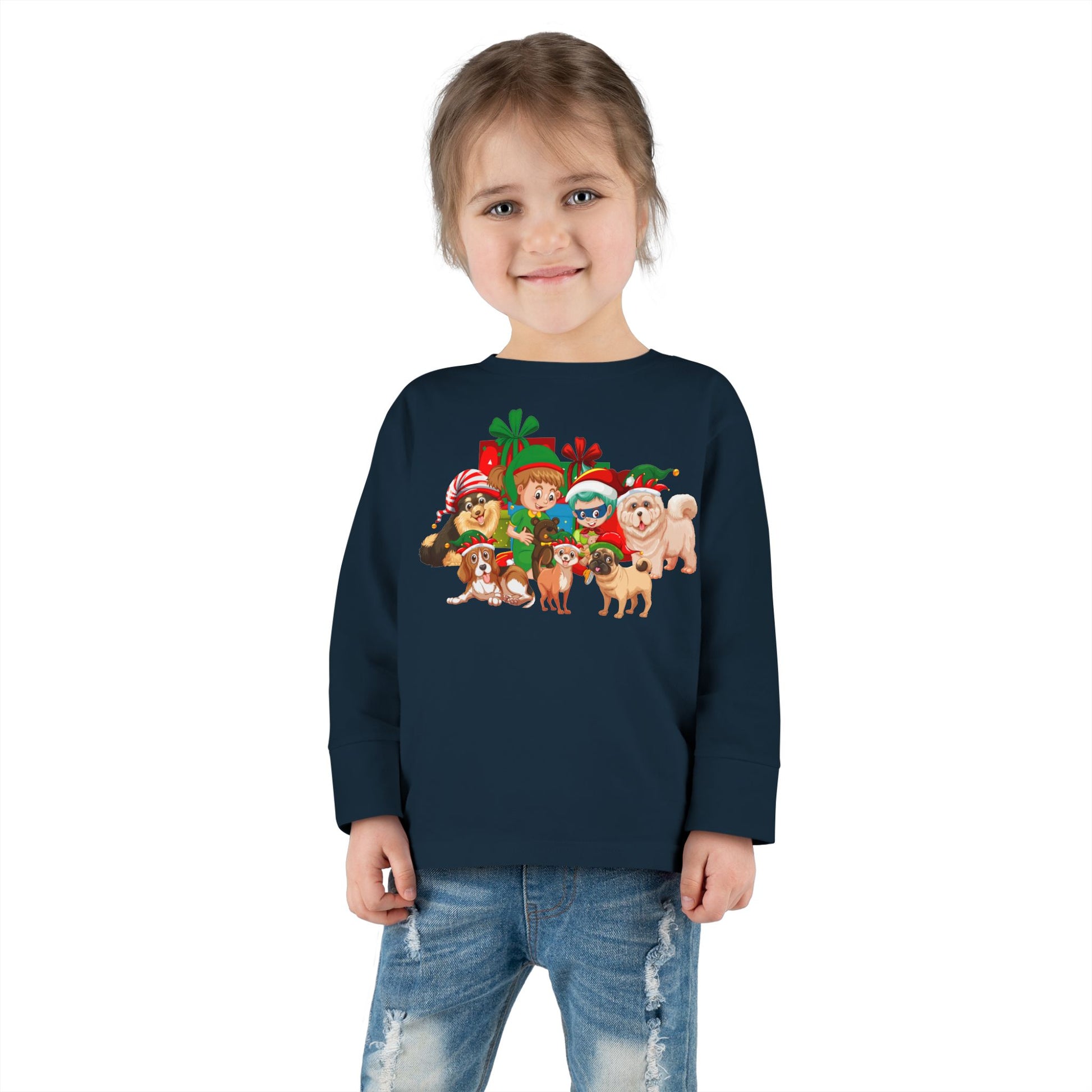 Toddler Long Sleeve Tee - Christmas with super kiddo pet friends without text - [[{"value":"Wonderwear Kid"}]]