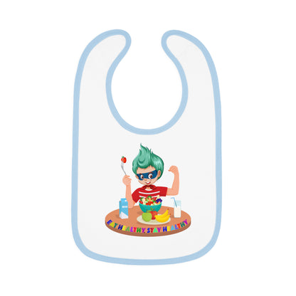 Baby Bib - super kiddo eating healthy food - [[{"value":"Wonderwear Kid"}]]