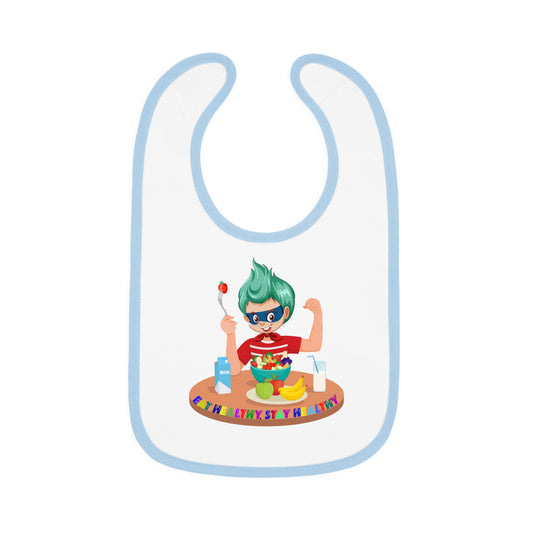 Baby Bib - super kiddo eating healthy food - [[{"value":"Wonderwear Kid"}]]