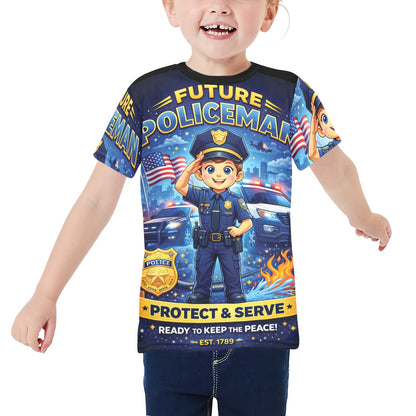 Little Kids' All Over Print Crew Neck T-Shirt - Proud to Serve - Young Patriot - Future Policeman