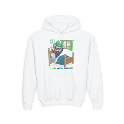 Youth Heavy Blend Hooded Sweatshirt - Super kiddo teaches us to wake up early - [[{"value":"Wonderwear Kid"}]]