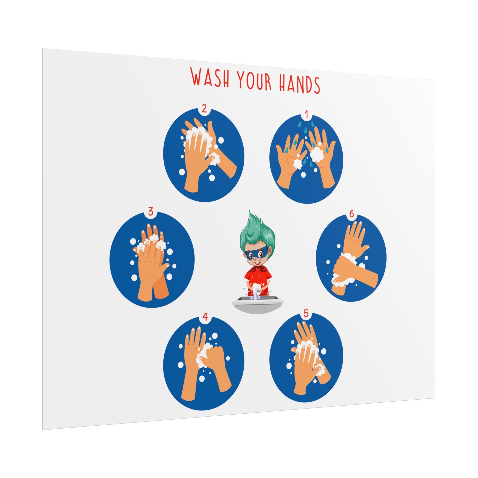 Rolled Posters - Super kiddo teaching how to wash hands - [[{"value":"Wonderwear Kid"}]]
