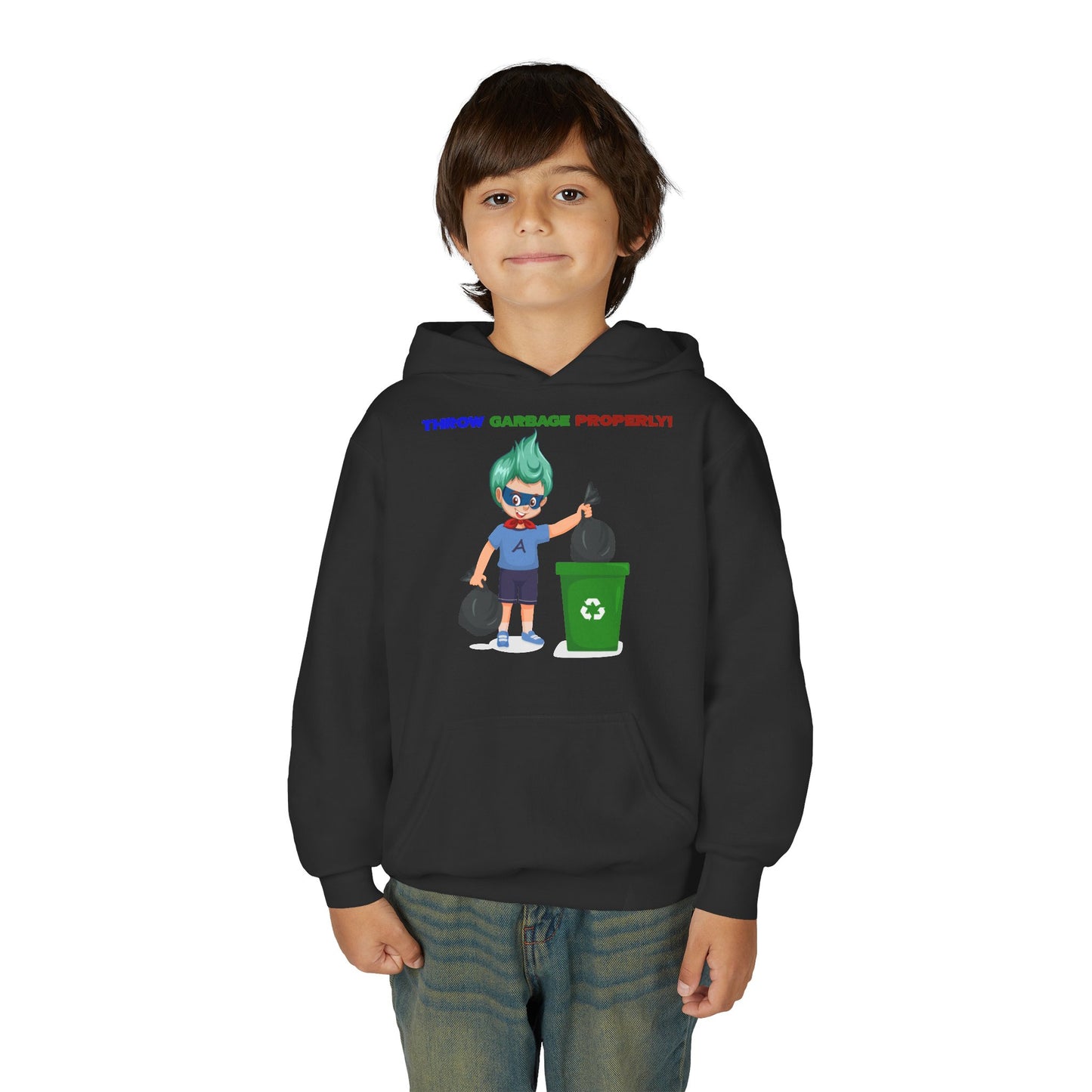Youth Heavy Blend Hooded Sweatshirt - Super kiddo taking trash out