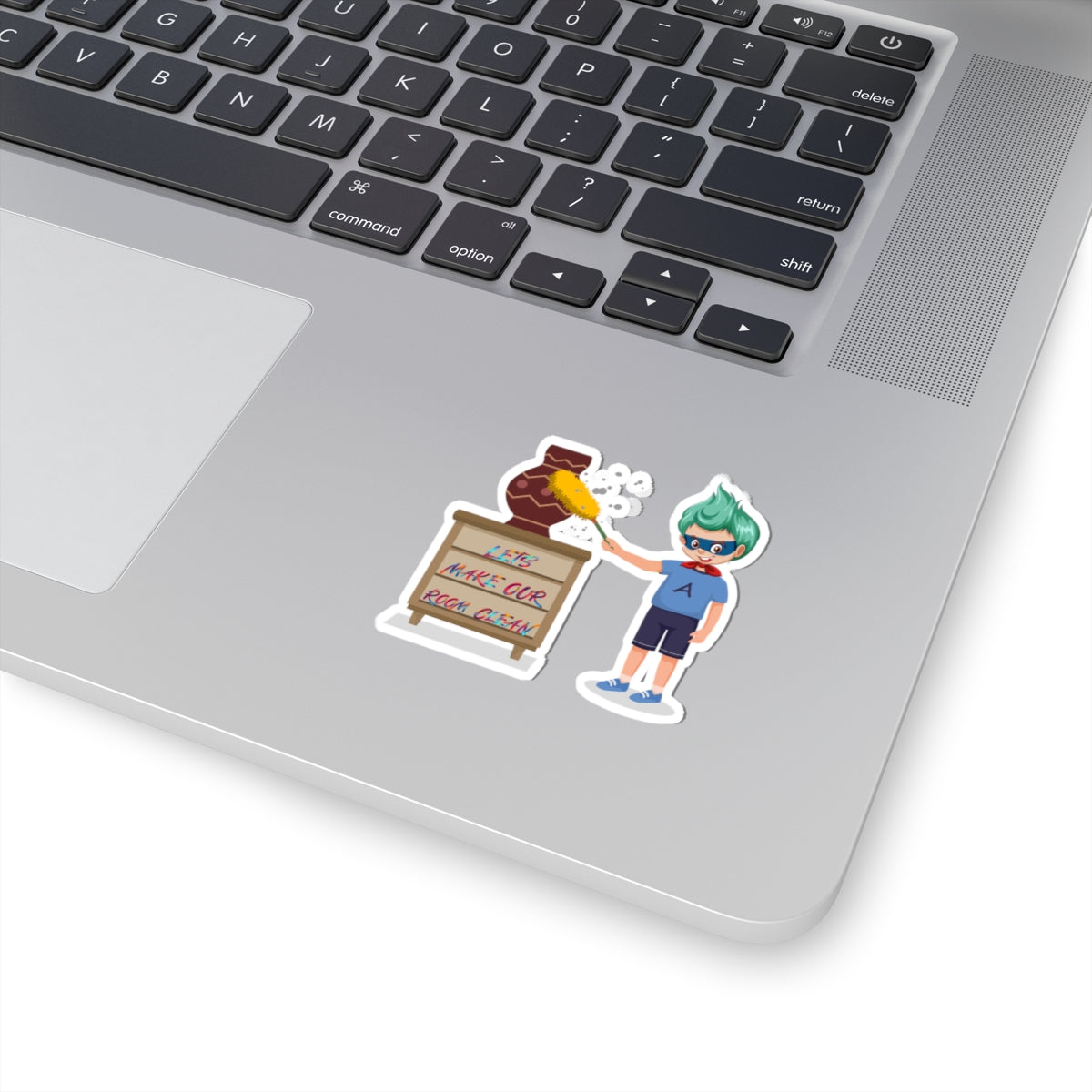 Kiss-Cut Stickers - Super kiddo cleaning a vase - [[{"value":"Wonderwear Kid"}]]