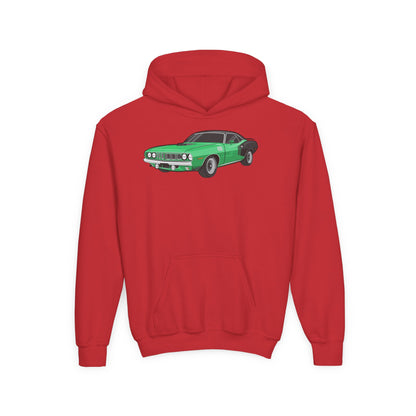 Youth Heavy Blend Hooded Sweatshirt - Vintage green car Printify