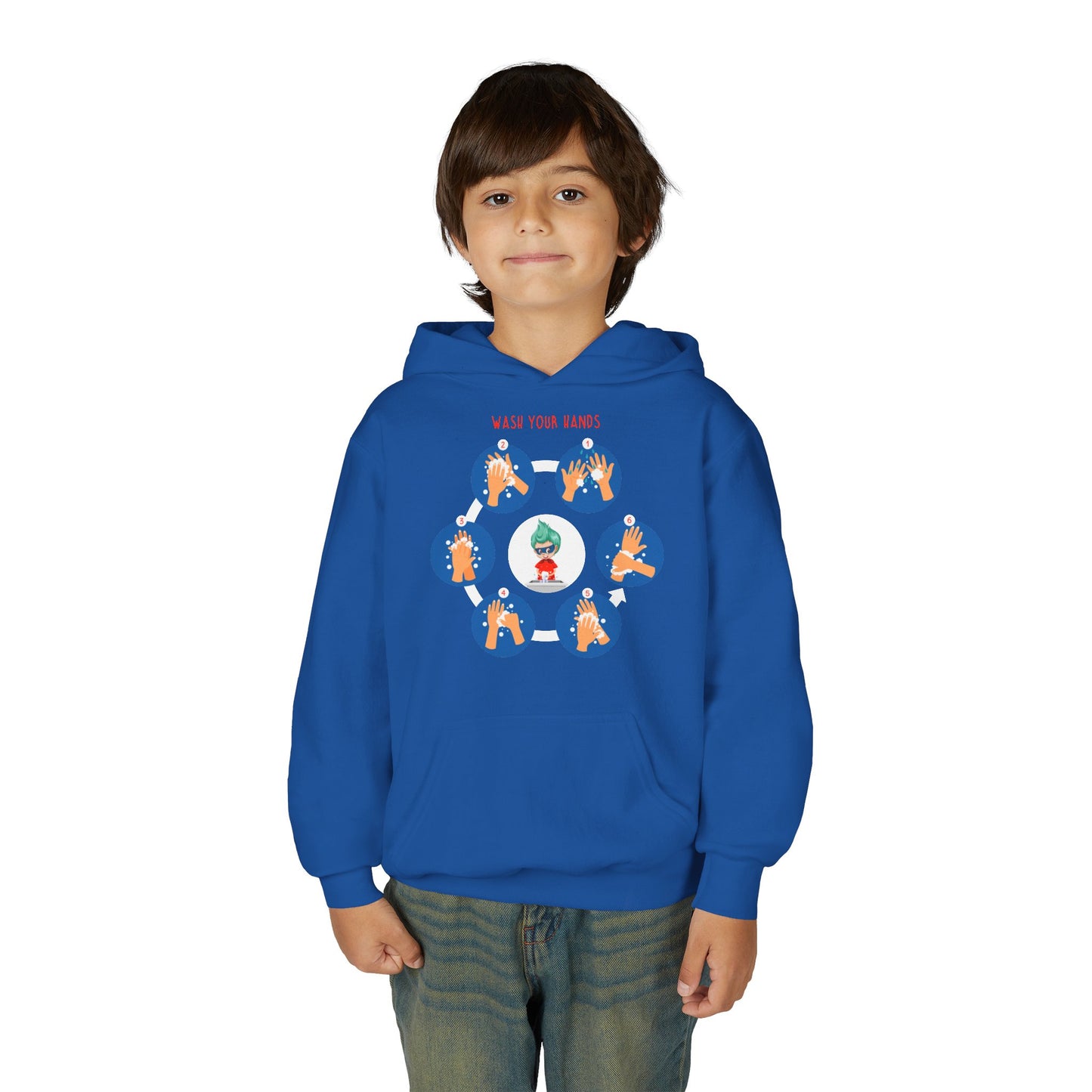 Youth Heavy Blend Hooded Sweatshirt - Super kiddo teaching how to wash hands