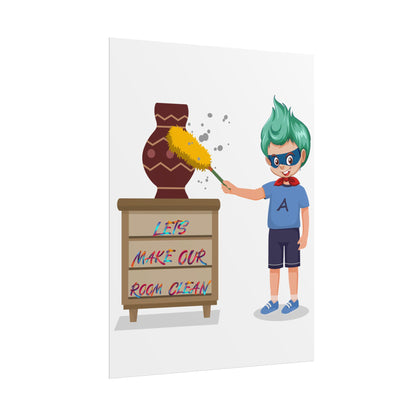 Rolled Posters - Super kiddo cleaning a vase - [[{"value":"Wonderwear Kid"}]]