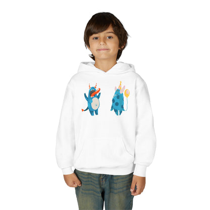 Youth Heavy Blend Hooded Sweatshirt - Blue monsters in action Printify