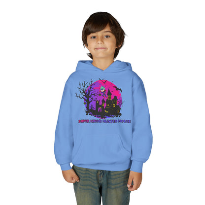 Youth Heavy Blend Hooded Sweatshirt - Super kiddo flying on hunted house - [[{"value":"Wonderwear Kid"}]]