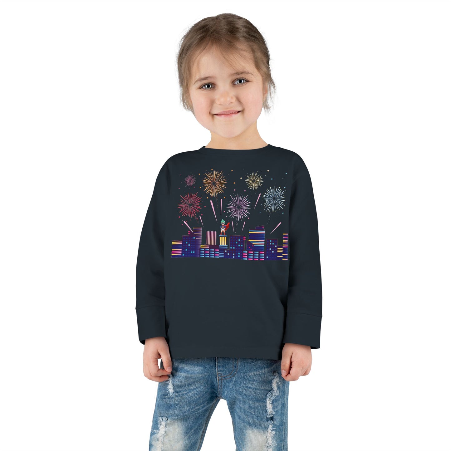 Toddler Long Sleeve Tee - Super kiddo with fireworks - [[{"value":"Wonderwear Kid"}]]