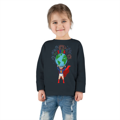 Toddler Long Sleeve Tee - Super kiddo holding globe - [[{"value":"Wonderwear Kid"}]]