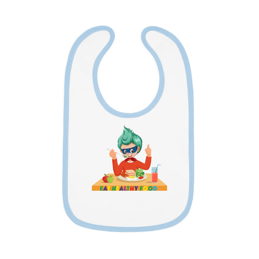 Baby Bib - Super kiddo eating healthy breafast - [[{"value":"Wonderwear Kid"}]]