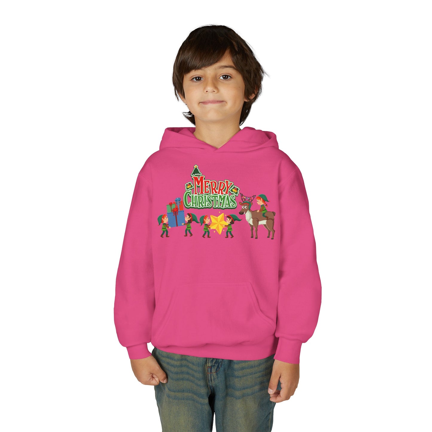 Youth Heavy Blend Hooded Sweatshirt - Merry christmas and reindeer