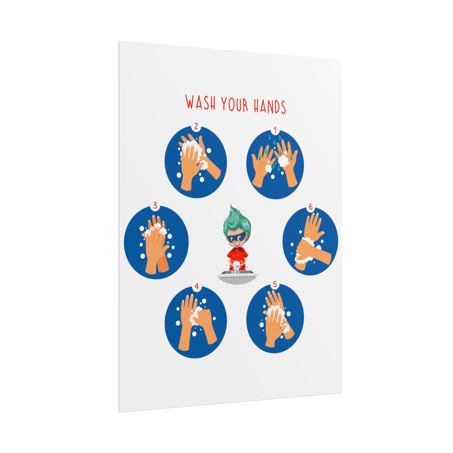 Rolled Posters - Super kiddo teaching how to wash hands - [[{"value":"Wonderwear Kid"}]]