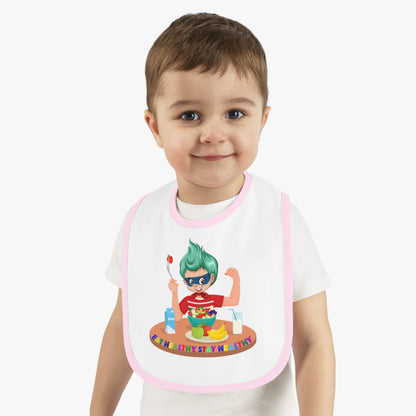 Baby Bib - super kiddo eating healthy food - [[{"value":"Wonderwear Kid"}]]