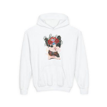 Youth Heavy Blend Hooded Sweatshirt - Lovely cat with crown flower Printify