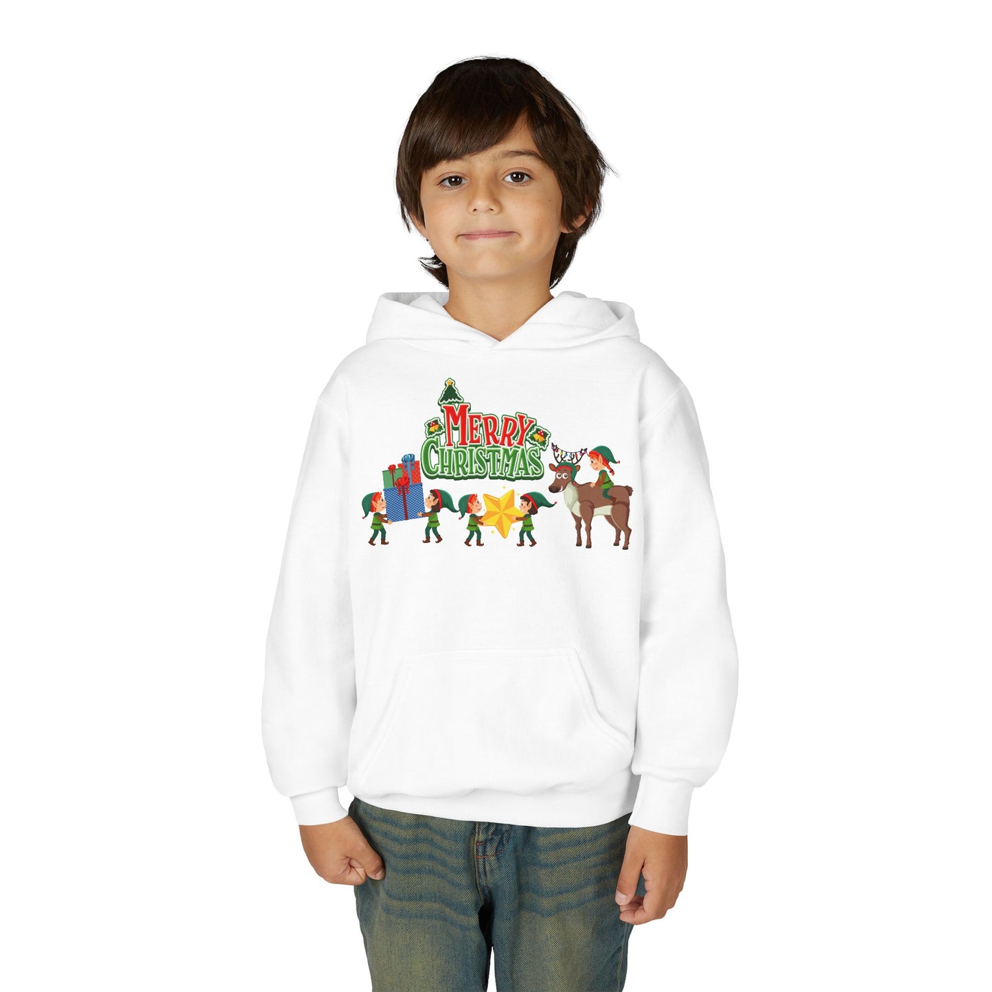 Youth Heavy Blend Hooded Sweatshirt - Merry christmas and reindeer