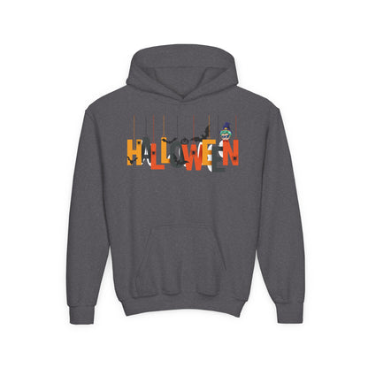 Youth Heavy Blend Hooded Sweatshirt - Holloween hanging letters Printify