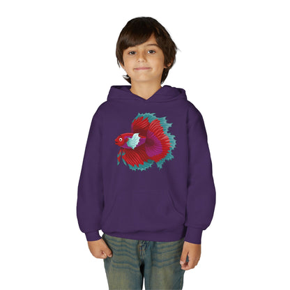 Youth Heavy Blend Hooded Sweatshirt - Red Siamese fighting fish Printify