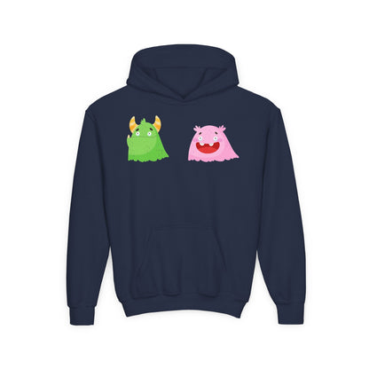 Youth Heavy Blend Hooded Sweatshirt - Green and pink monsters Printify