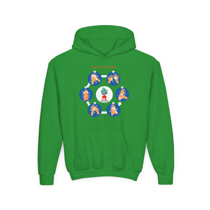Youth Heavy Blend Hooded Sweatshirt - Super kiddo teaching how to wash hands - [[{"value":"Wonderwear Kid"}]]