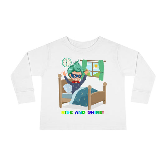 Toddler Long Sleeve Tee - Super kiddo teaches us to wake up early - [[{"value":"Wonderwear Kid"}]]