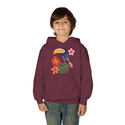 Youth hoodie with vibrant toucan bird design Printify