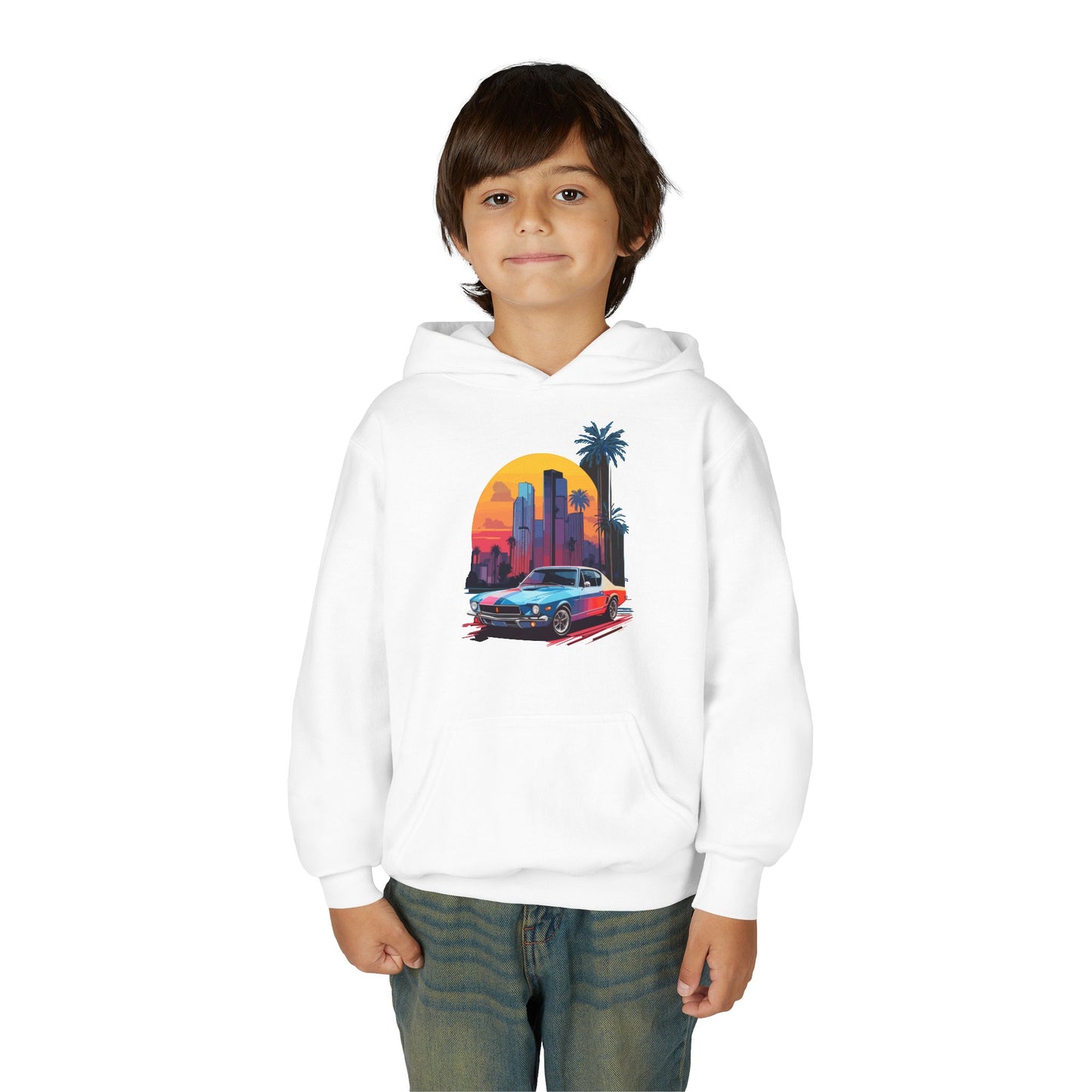 Youth Heavy Blend Hooded Sweatshirt - Vintage Car Sunset
