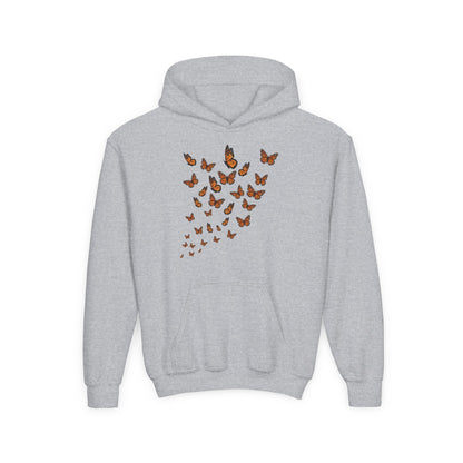 Youth Heavy Blend Hooded Sweatshirt - Group of monarch butterfly Printify