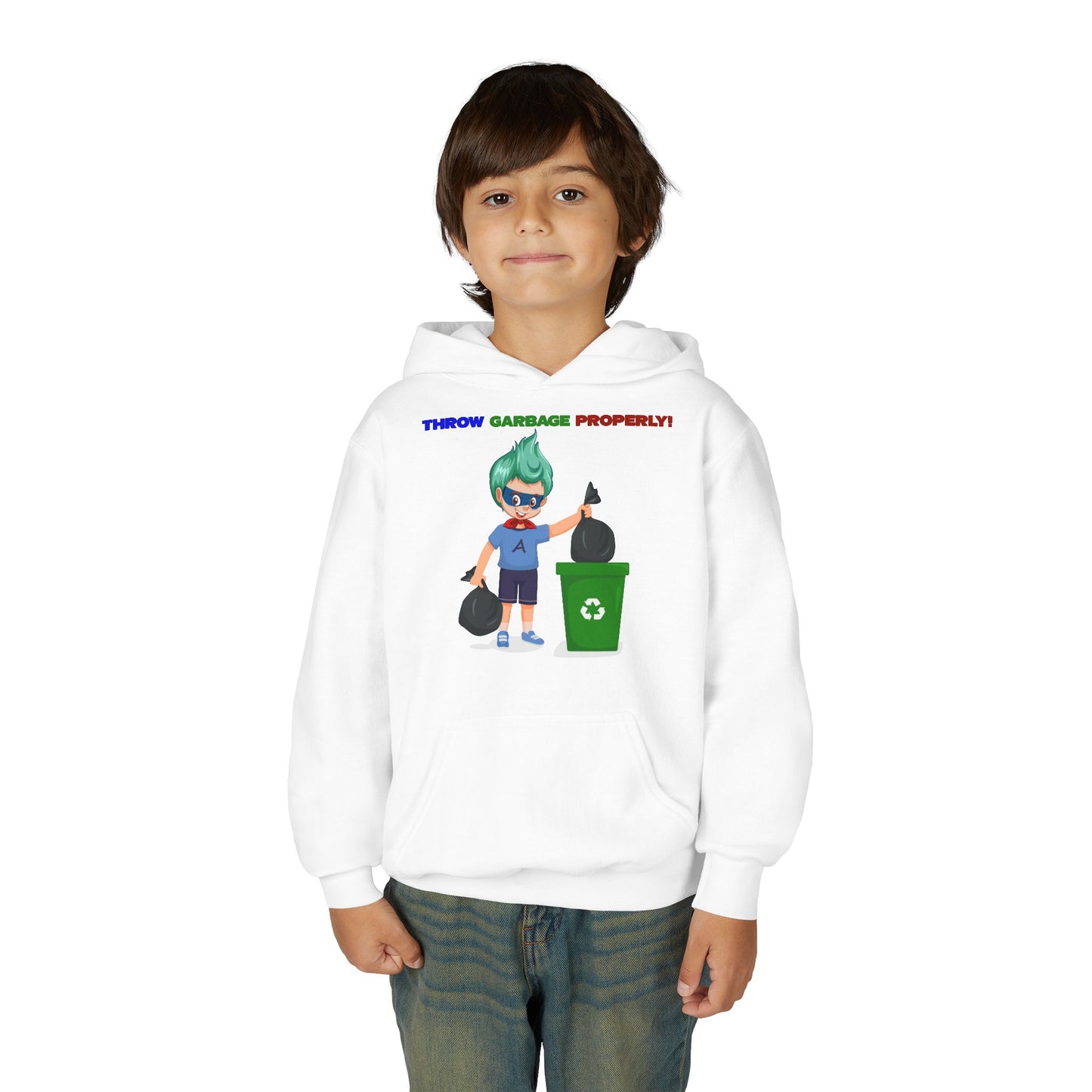 Youth Heavy Blend Hooded Sweatshirt - Super kiddo taking trash out
