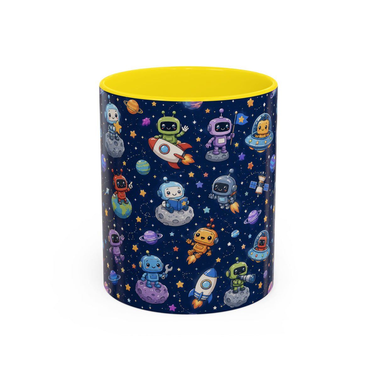 Galactic Robots Accent Coffee Mug — Cute Space Astronaut Pattern (11/15 oz)